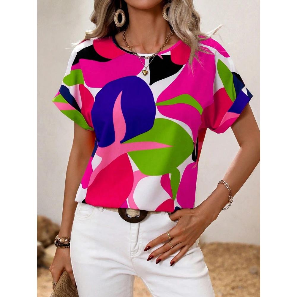 Women's Round Neck T-shirt Summer Outdoor Fashion Short-sleeved Tops Oversize Loose Ladies Clothing Flower Printing Trend Style