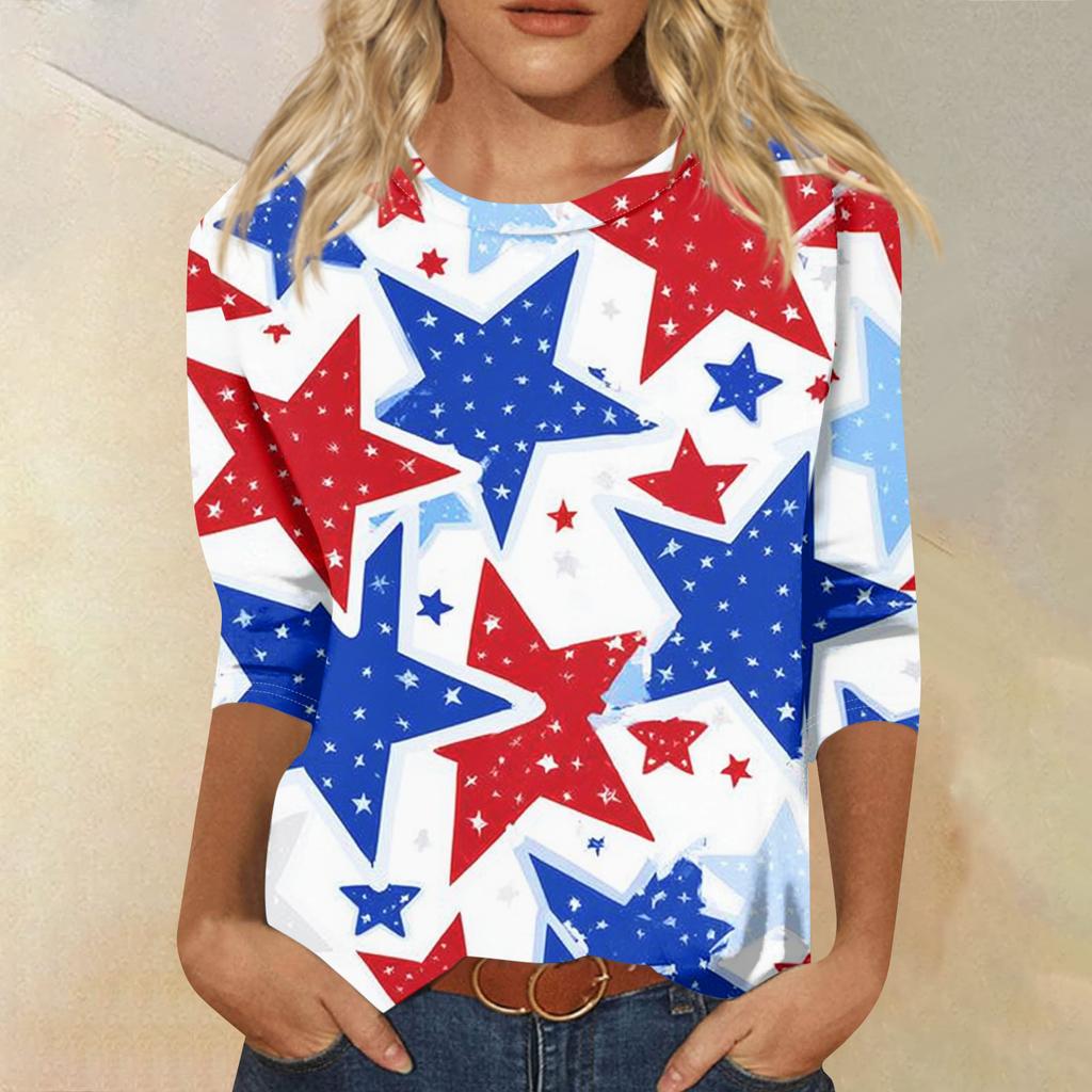 Women's Fashion Casual Seven-Sleeve Independence Day Print Round Neck Top