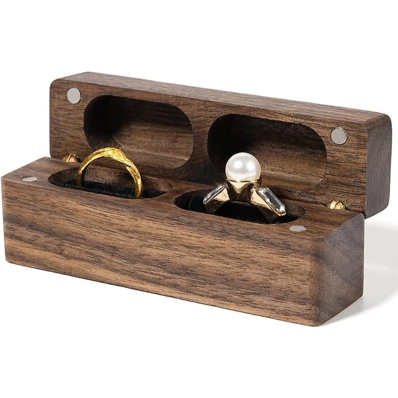 Wood Ring Box, Portable Jewelry Box for Proposal, Engagement, Wedding Ceremony, Handcrafted Walnut Wood Ring Box with Ring Storage