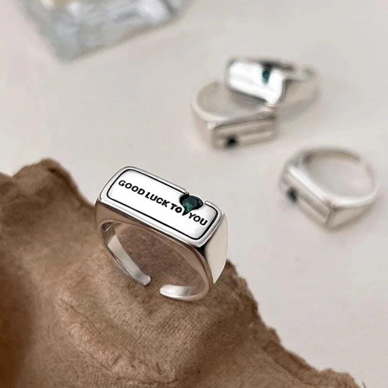 ANENJERY de culoare argintie verde zircon rar retro industria grea inel cu scrisoare norocoasă pentru femei cadou de bijuterii de petrecere