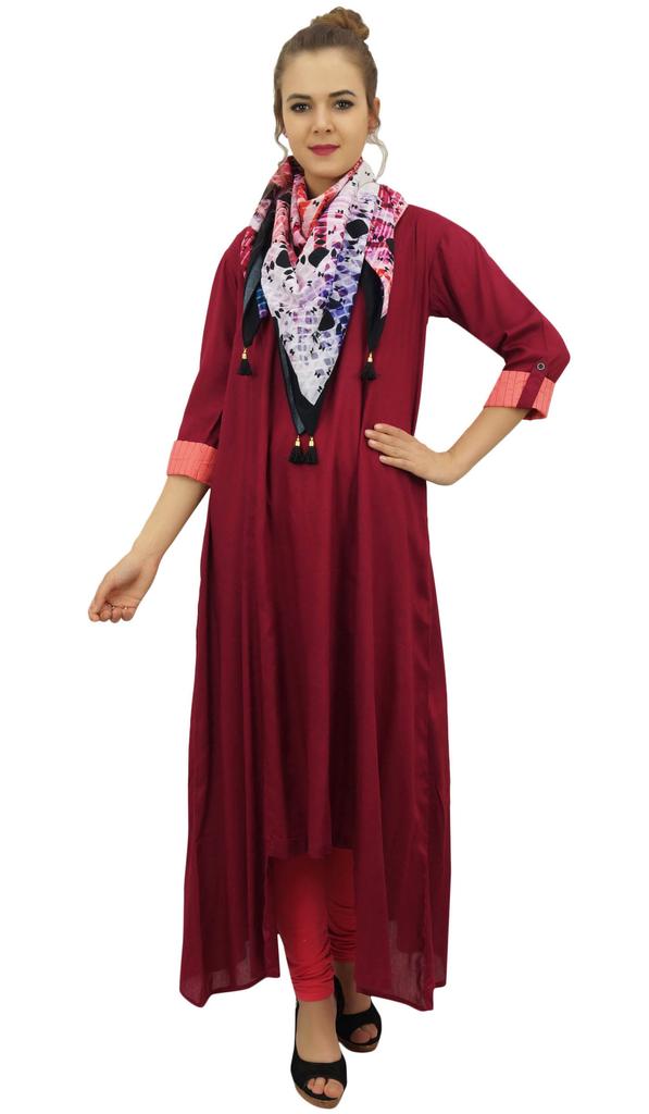 Bimba Asymmetrical Hem Maroon Rayon Kurta With Scarf Designer Kurti Clothing -