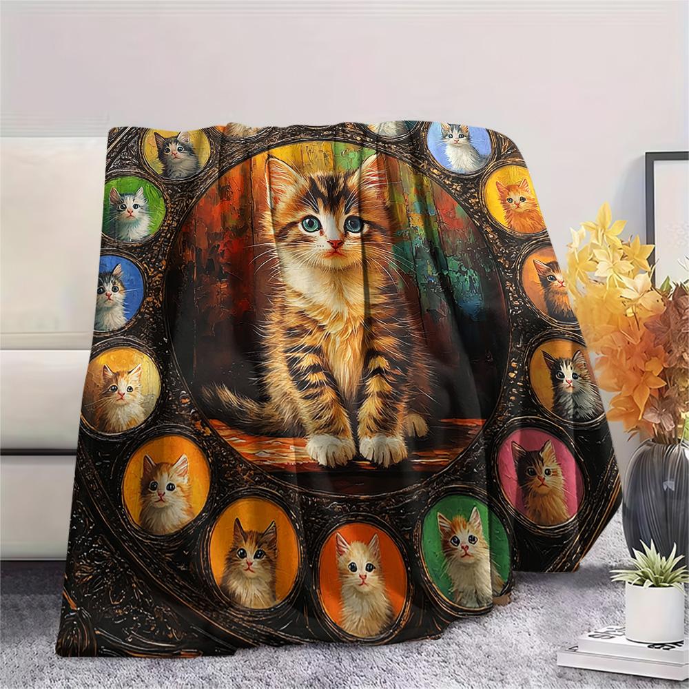 Tabby Cat Print Flannel Blanket, High quality Comfortable for All Seasons, Home Decor, Warmth and Comfort, Perfect for Christmas Gifts