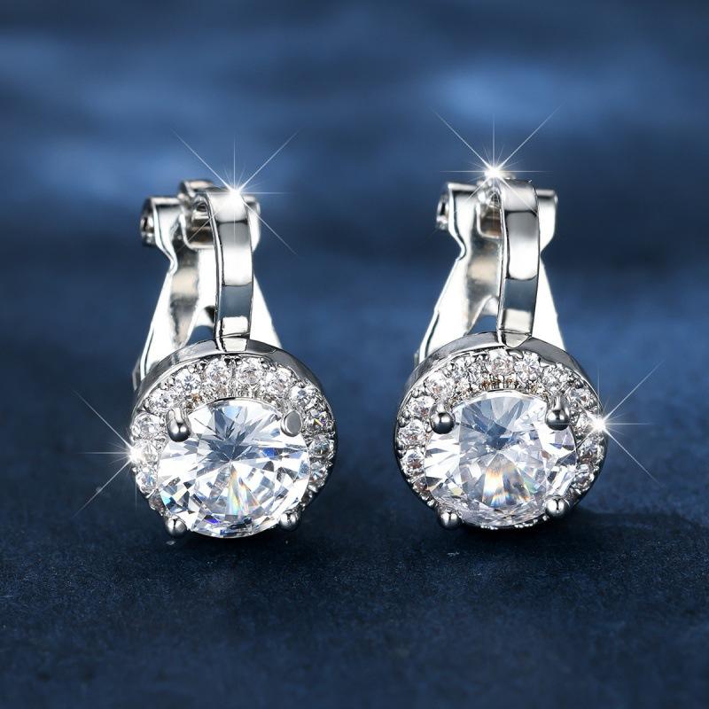 

New platinum round white diamond ear clips for women, ear buckles inlaid with zircon jewelry