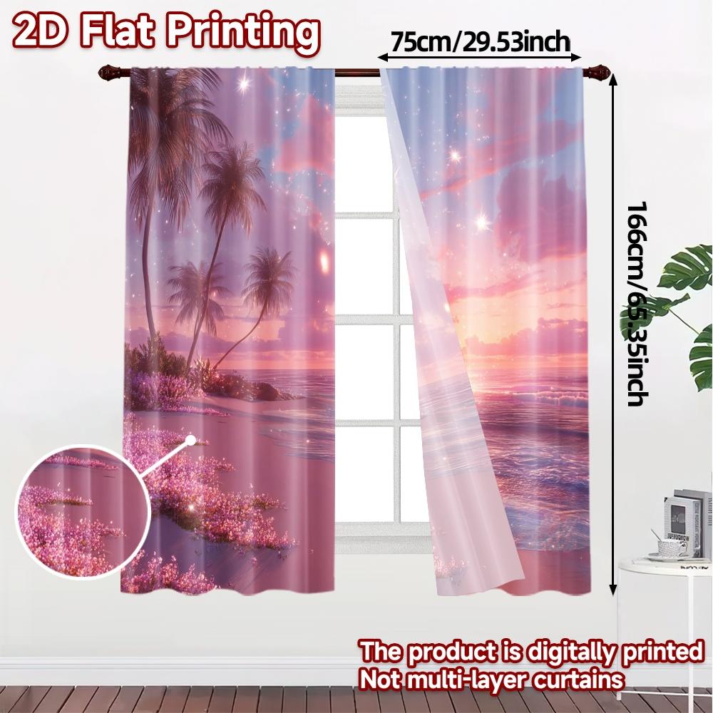 2pcs   2D FLAT PRINTING Curtains (Without Rod) Pink Sunset Shore Popular Minimalist Curtains Yarn Curtains Decorations Suitable