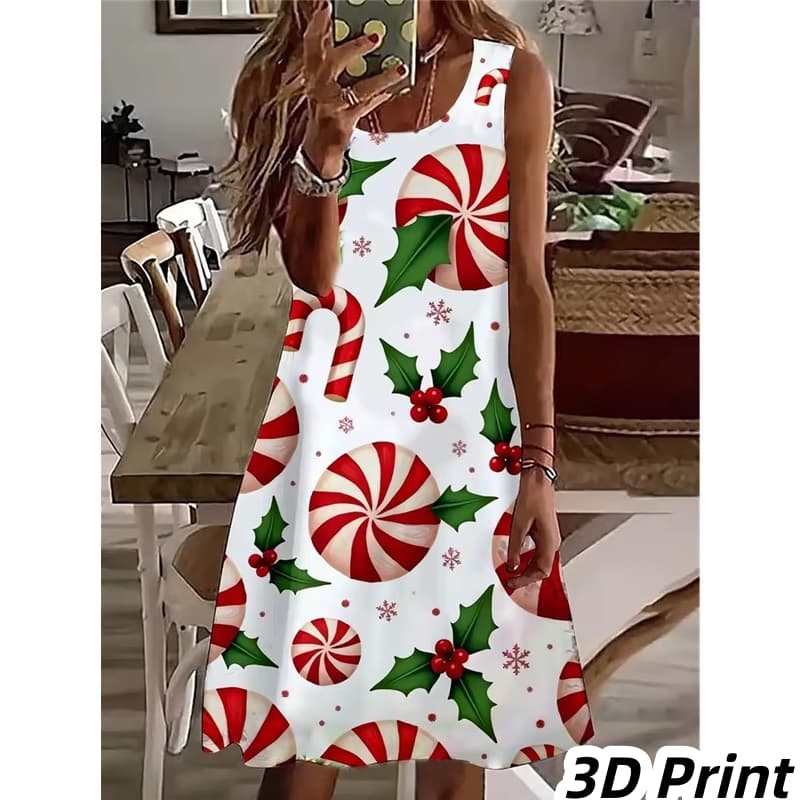 Günlük Kadın Askılı Elbise Yazlık Kolsuz O Yaka 3D Baskılı Bol A Kesim Elbise Plaj Yelek Elbise