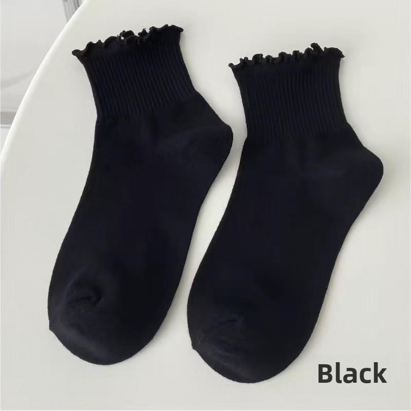 Damen Koreanische Spitzen-Tubesocken - Weiß, Holzohr-Kante, Lang, Trendy, Frühling/Herbst, Japanischer JK-Stil.