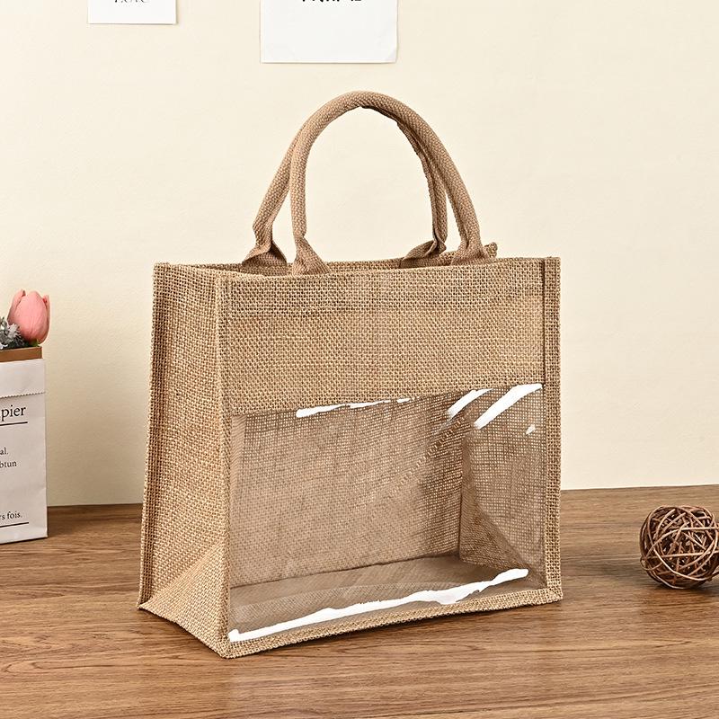 Borsa in Juta e Lino Personalizzata Ecologica: Finestra Trasparente in PVC e Borsa di Juta