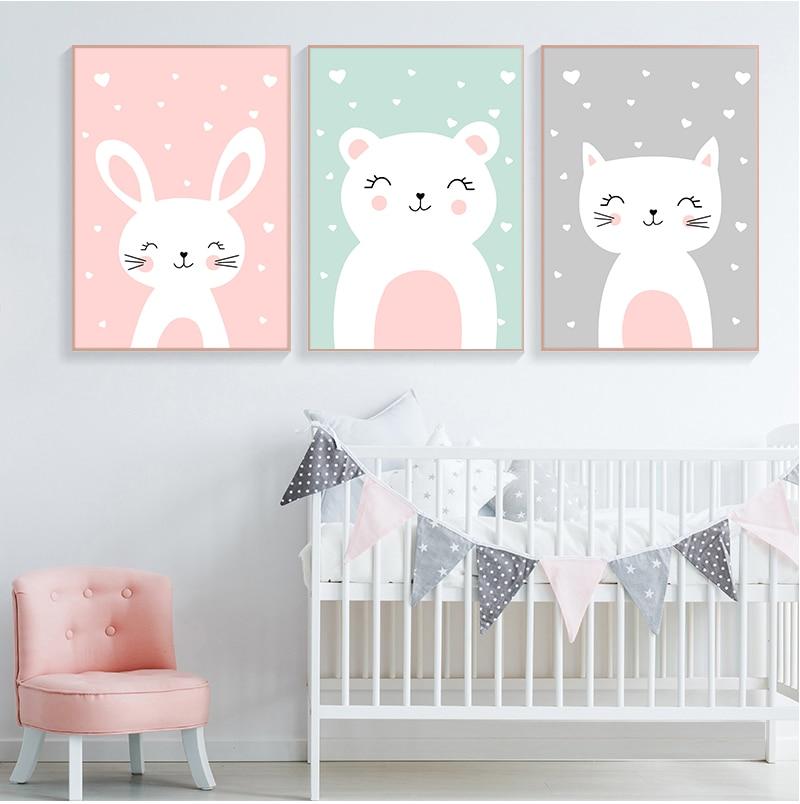 Kawaii Wall Art Canvas Nursery Print Cartoon Cat Rabbit Painting Nordic Kids Decoration Picture Baby Living Room Decor No Frame