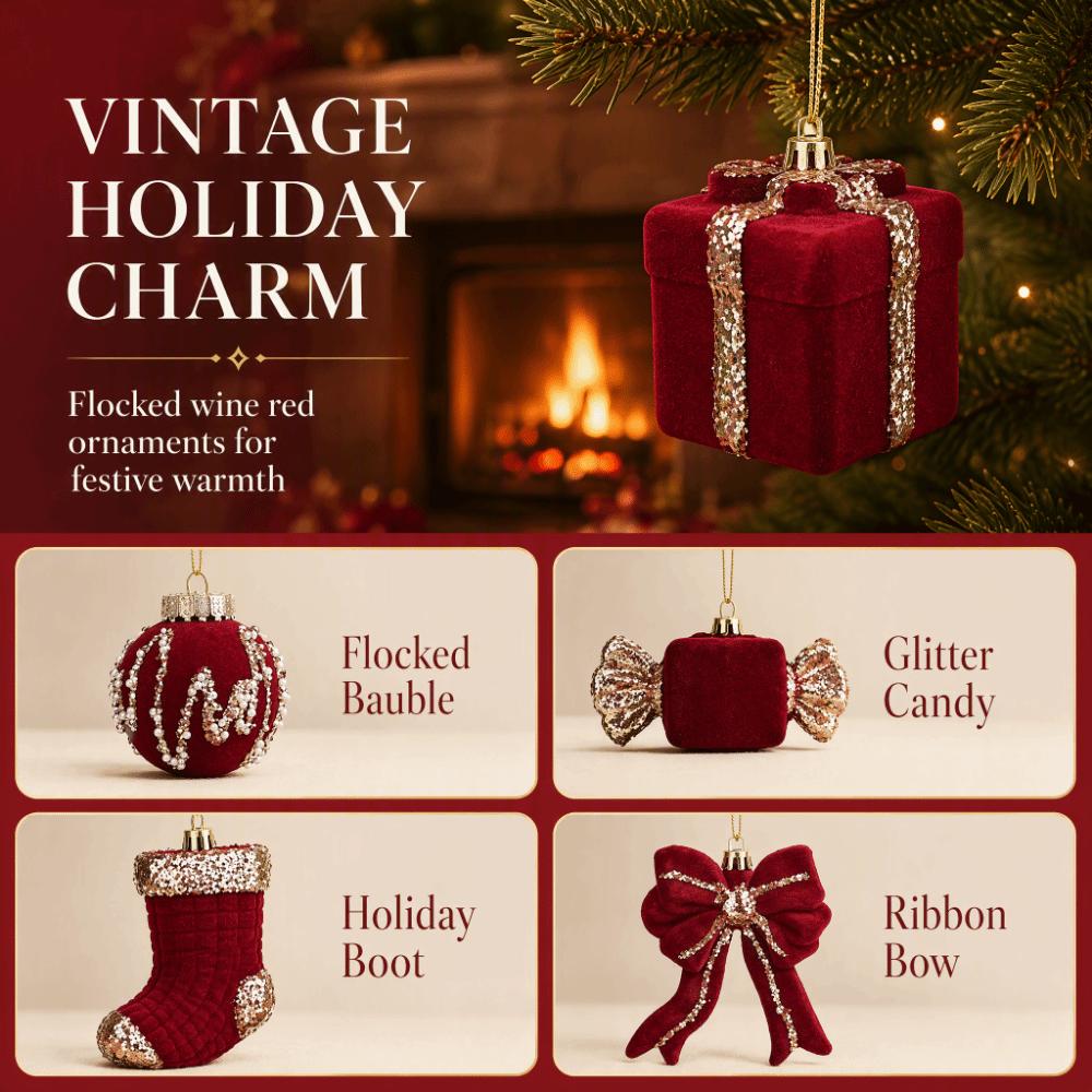 2PCS Wine Red Color Christmas Ornament Flocked Surface Xmas Decor Hanging Pendant Holiday Party