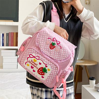 School Bags Backpack Kids Cute Soft Girl Sweet Lovely Embroidered Fruit Strawberry Lace Backpack Girl Student Schoolbag