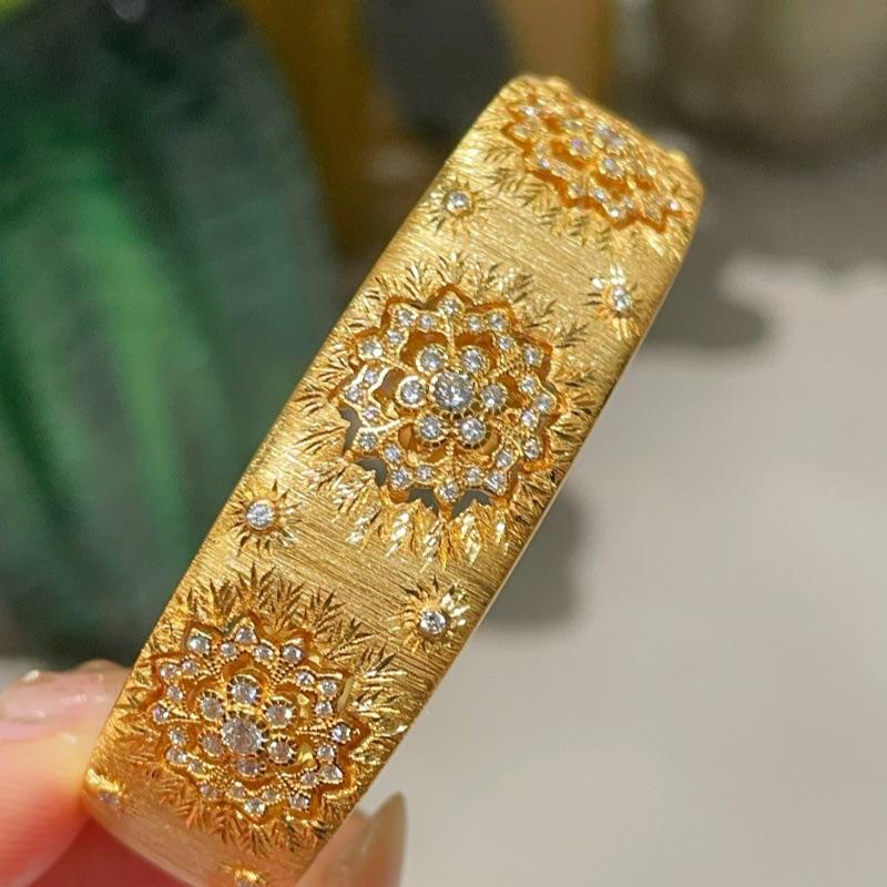 S925 Silver Plated 18k Gold Vintage Exaggerated Hand-carved and brushed Bracelet/Bangles 17cm