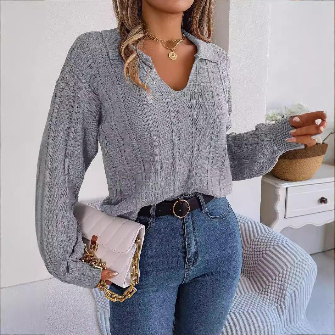 

Женский вязаный свитер с длинным рукавом, геометрическим узором, клетчатым воротником, пуловер, джемпер, свободный однотонный свитшот, топ L