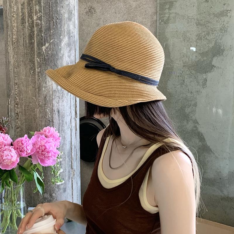 Straw hat women's summer Hepburn wind foldable sun hat face cover UV protection beach sun protection hat