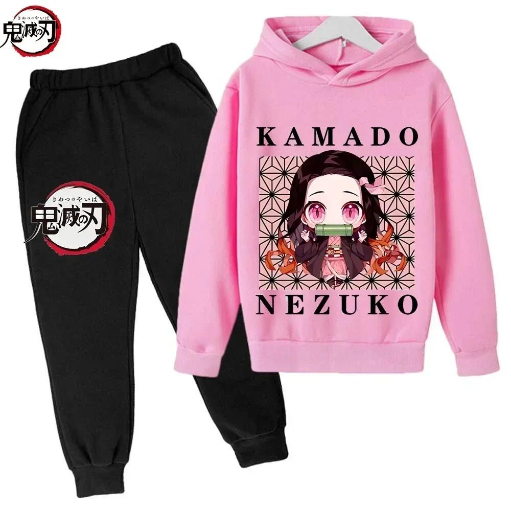 Sudadera con capucha para niño del anime Demon Slayer de Tanjiro y Nezuko Sudadera Infantil Estilo Callejero Coreano Kpop Sudadera para Niña Ropa de Calle Conjunto