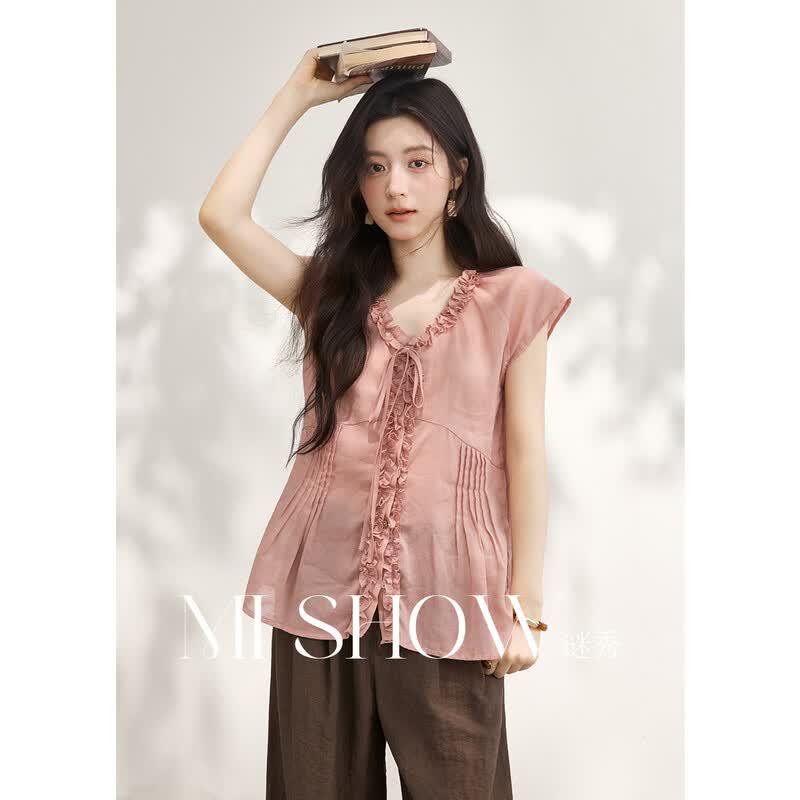 Mishow Women s Ruffle V-Neck Tencel Ramie Blouse M