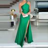 Women Evening Dress Slant Neck Off Shoulder Split Hem Skinny Backless Sleeveless