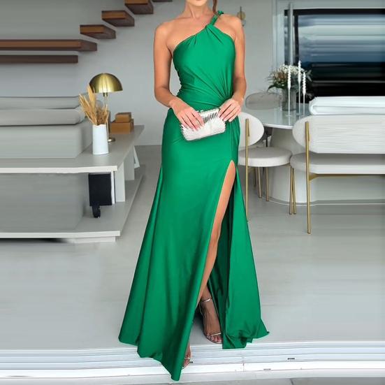 Women Evening Dress Slant Neck Off Shoulder Split Hem Skinny Backless Sleeveless