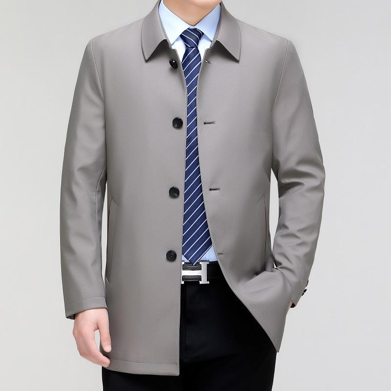 New Men's Windbreaker Mid-length Mulberry Silk Lapel Middle-aged and Elderly Spring and Autumn High-end Casual Civil Servant Jacket