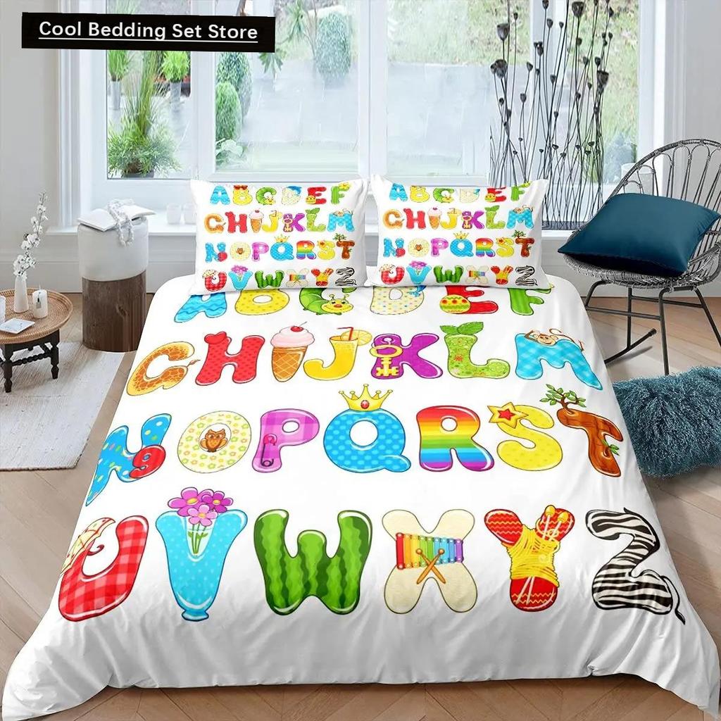 Comforter Cartoon Numbers King Queen Lovely Animals Bedding Set Kids Colorful English Alphabet 2/3Pcs Polyester