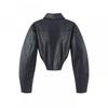 Womens Short PU Leather Jacket With Collar Long Sleeve Streetwear Chic Casual Coat