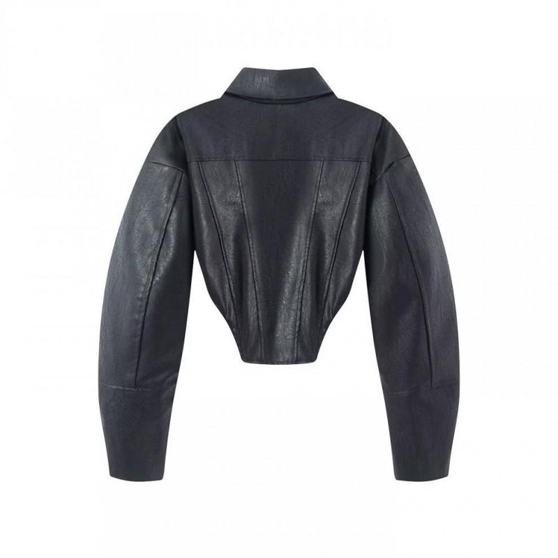 Womens Short PU Leather Jacket With Collar Long Sleeve Streetwear Chic Casual Coat
