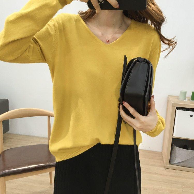 Women's V-Neck Knit Sweater: Large Size, Loose Fit, Slimming, Solid Color, Perfect for Early Autumn and Winter