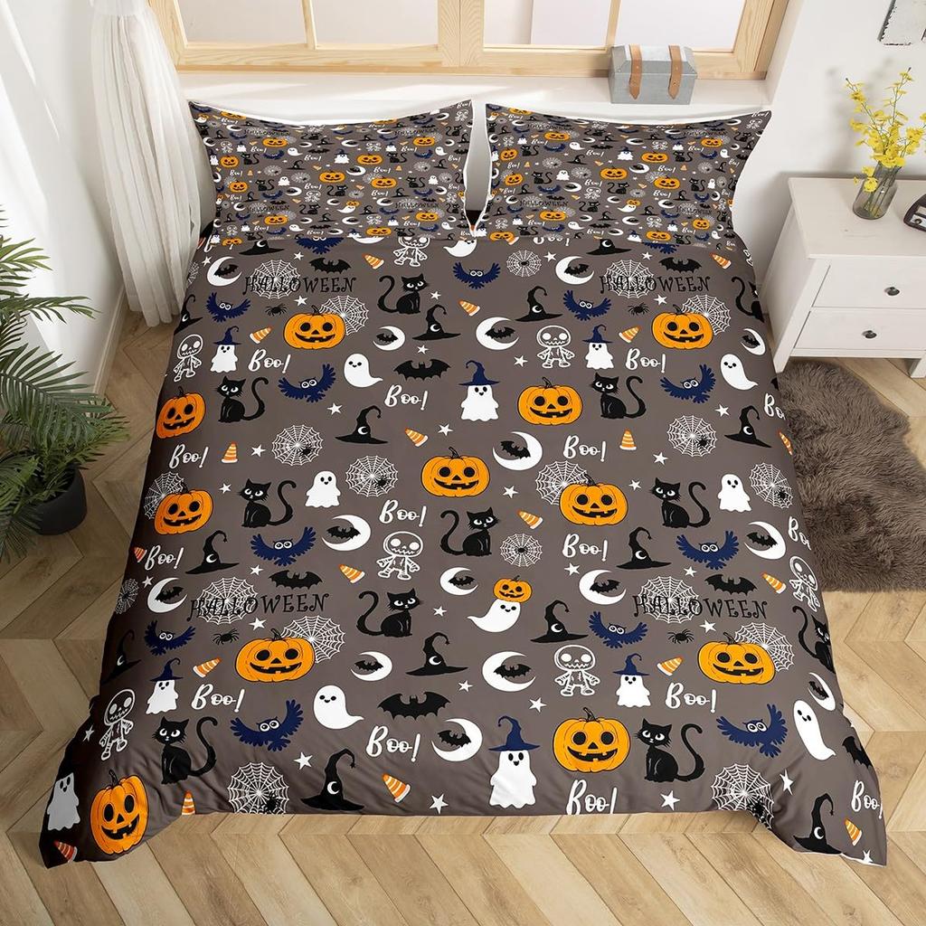 Comforter Happy Halloween Ghost Full Bedding Set For Boys Girl Spider Bat Black Cat Print Comforter Trick Or Treat Theme