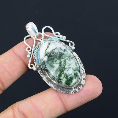 Birthday Gift For Her Natural Tree Agate Gemstone Pendant 925 Sterling Silver