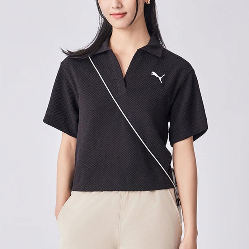 Puma Her Polo Tee Solid Loose Fit Short Sleeve Polo Shirt Women tops Black 676651-01