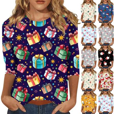 Damska modna, swobodna, siedmioramienna, świąteczna, okrągła, nadrukowana bluzka z okrągłym dekoltem