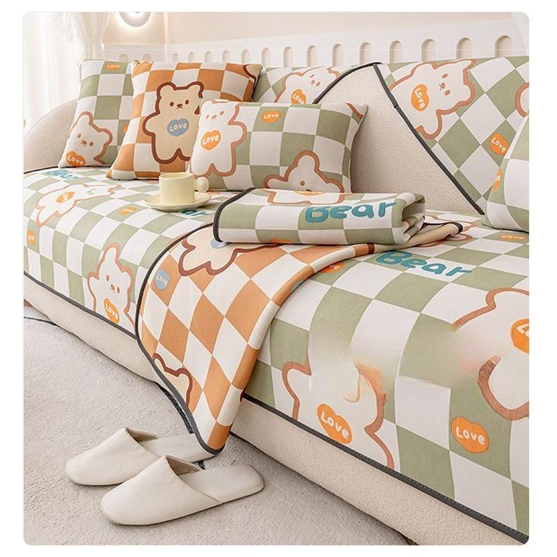 Cartoon Ice Silk Sofa Cushion, Summer Mat, Non-Slip Seat Cushion, Modern Cream Style Cute Straight Seat Cushion Cover