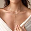 Trendy Water-resistant CZ Geometric Lariat 2-layers Necklace  Stainless Steel Delicate 18K PVD Gold Plated Charm Fashion Jewelry