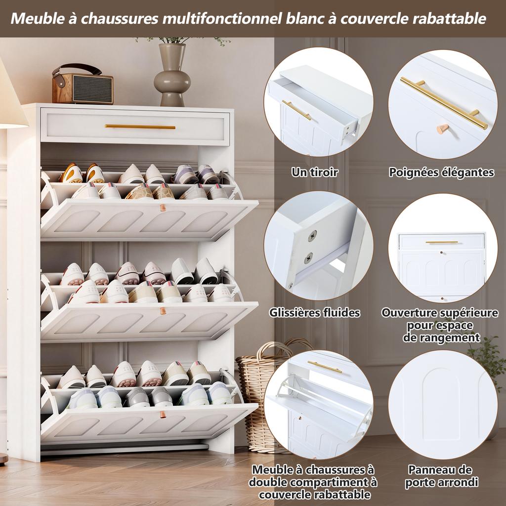 70*25*123.5cm Modern Shoe Cabinet Shoe Rack, with 6 Compartments, 1 Drawer, Can Be Placed In Hallways, Doors, Living Rooms and Offices, MDF, White