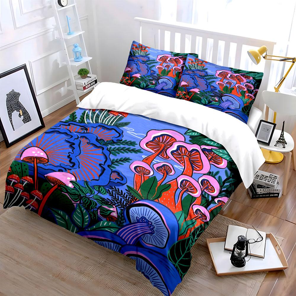 Vibrant Mushroom Forest Illustration Print Bedding Set 1 Duvet Cover 2 Pillowcases for Adult and Children Luxury Gift Full Size