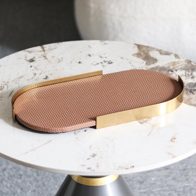 Lehký luxusní kožený podnos na aromaterapii Oválný styl Ins Obývací pokoj Ložnice Šperky Tkané kožené úložné podnosy Dekorace