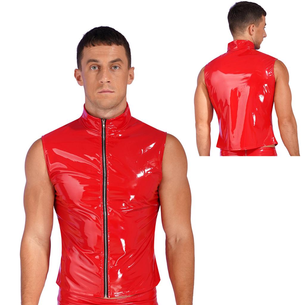 Mens Fashion Zipper Sleeveless Jacket Wet Look Patent Leather Stand Collar Vest Tops Clubwear