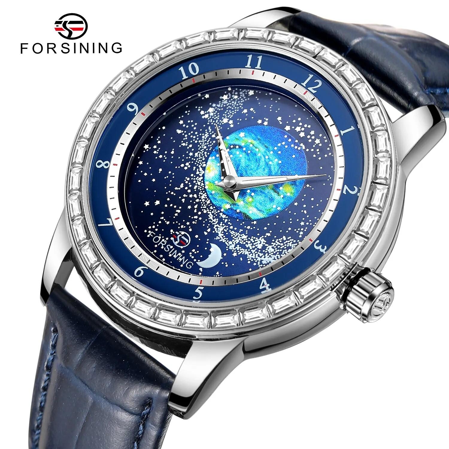 Forsining Automatic Watch Men s Blue Leather Strap Automatic Surface Luminous Mechanical Clock Men s Gifts синий