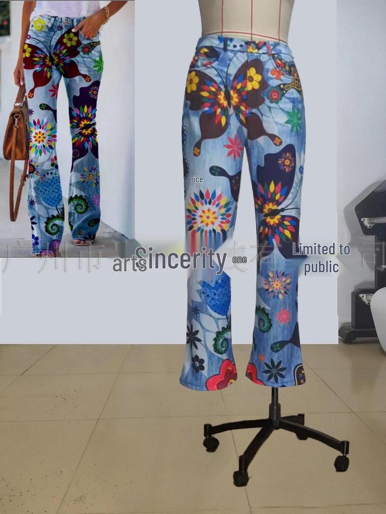 2023 Plus Size European & American Butterfly Faux Denim Micro-flare Pants