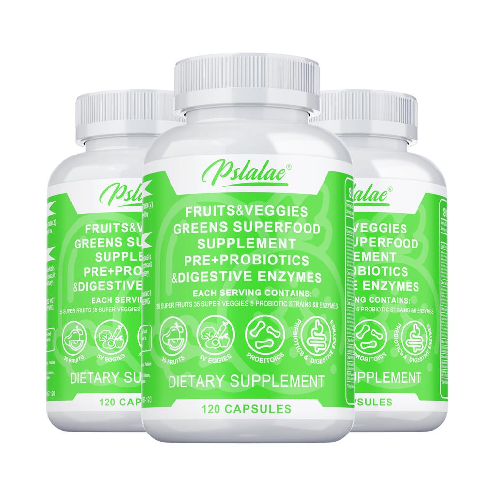 Natural fruit and vegetable blend capsules; supports gut health, aids digestion, boosts immunity; suitable for adults.