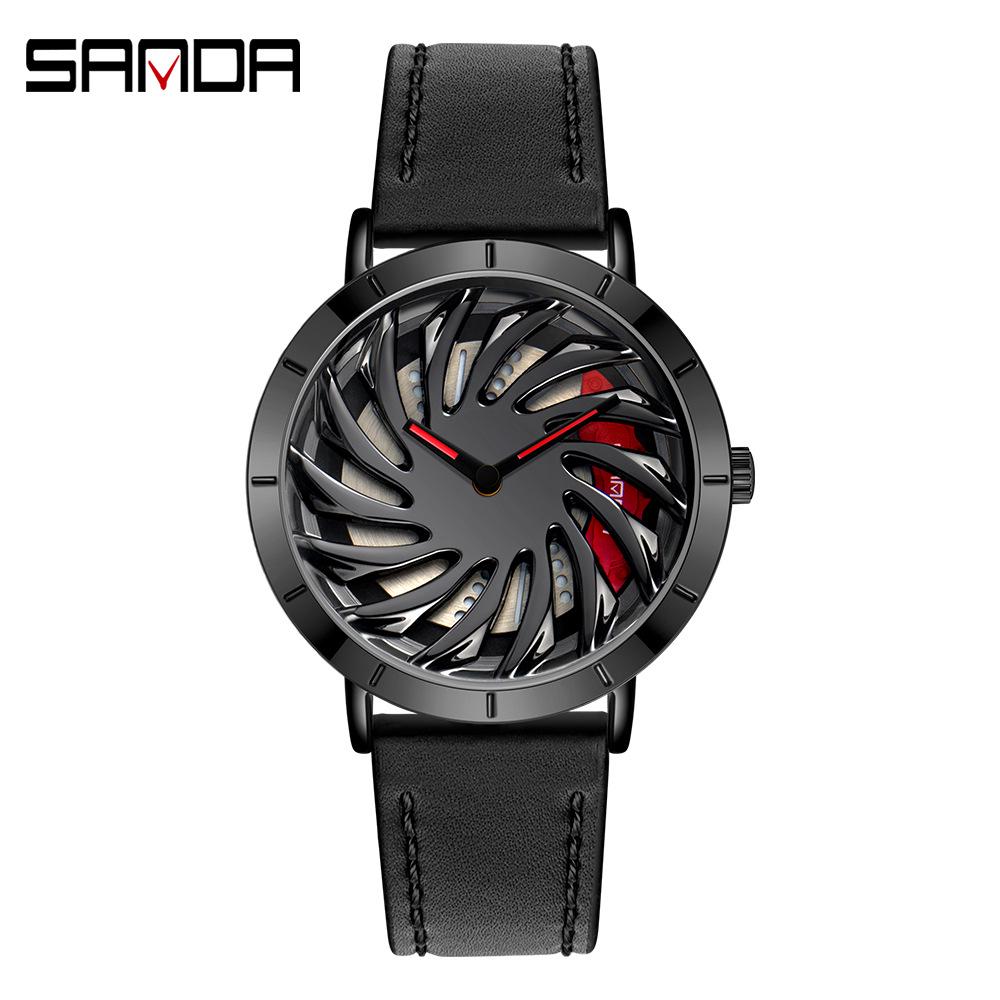 Sanda Cool Wheel Men's Skeleton Dial Leather Strap Waterproof Quartz Watch