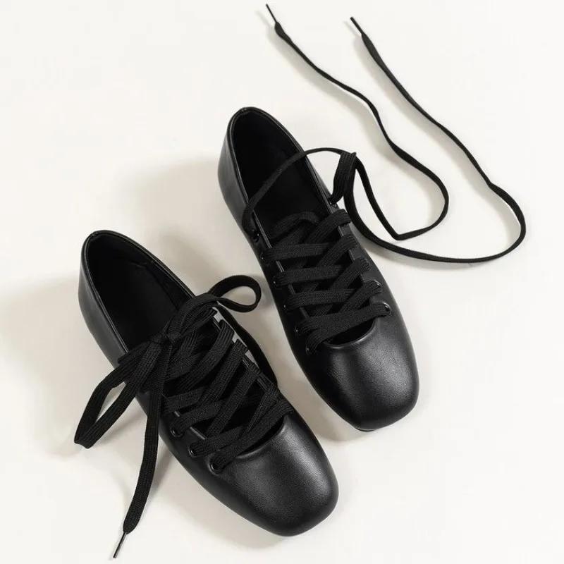 Fashion Autumn Ballet Flats Shoes Women Comfy PU Leather Shoes Luxury Women Square Toe Flat Mary Janes Casual Lace-up Ladies Shoes