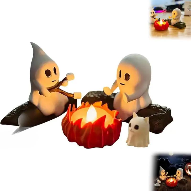 Ghost Campfire Gathering Flickering Nightlight 3D Printed Cute Ghost Ornaments Statues Bonfire Party Halloween Desk Decoration