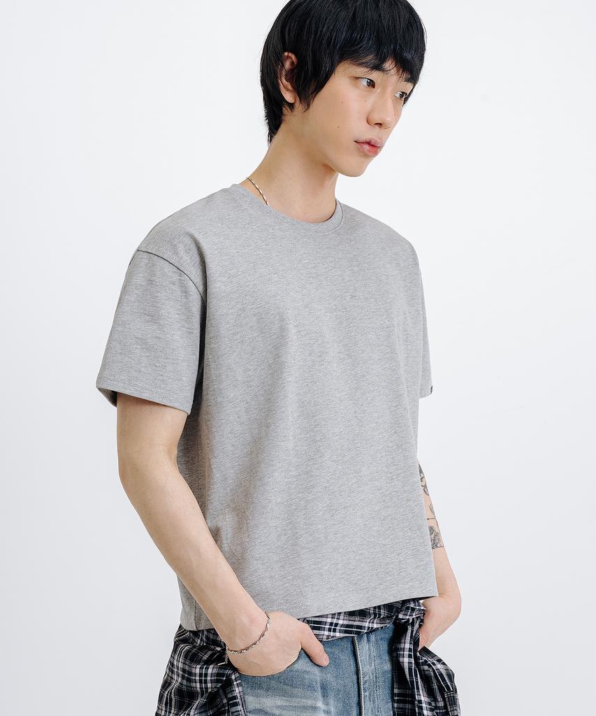 LEMAIN SECOND Crop Plain Oversized Short Sleeve T-Shirt [Melange Gray]
