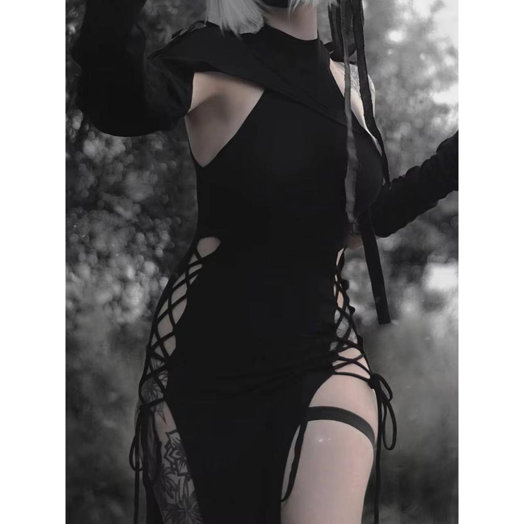 Goth Gothic Dress Cosplay High Split Sexy Bandage Women Dress Halter Slim Midi Dark Black Grunge Partywear