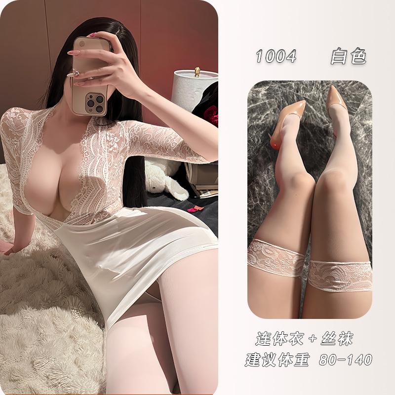 Ye Yu Sexy Deep V Secretary Uniform Seduction Sexy Lace Perspective Flirting Skinny Buttocks Skirt 