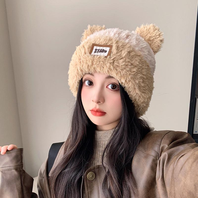 Cappello di Lana Carino con Orecchie d'Orso Giapponese per Donna in Autunno e Inverno Nuovo Caldo Cappello a Maglia che Mostra il Viso Protezione per Collo e Orecchie Cappello