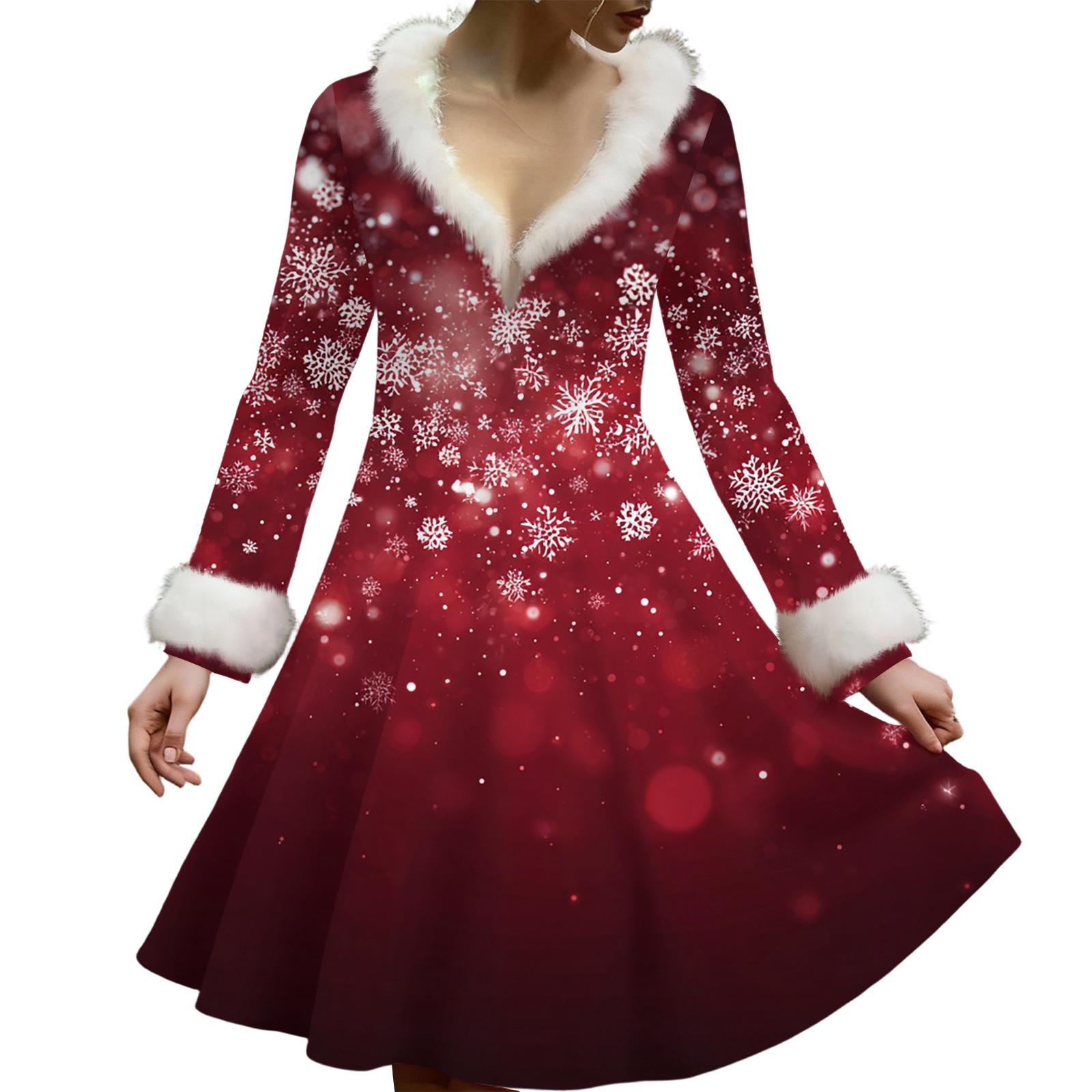 

Женское повседневное платье с V-образным вырезом, рождественским принтом, плюшевыми длинными рукавами S киноварь