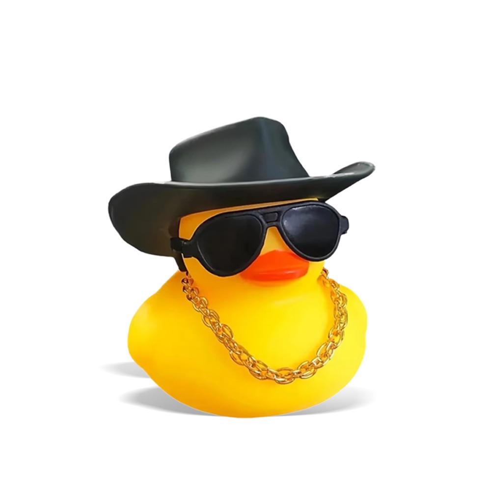 1PC cute yellow duck car ornament with black cowboy hat and sunglasses, car decoration, holiday gift