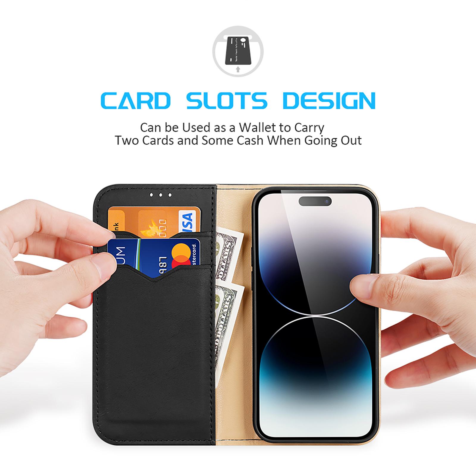 

DUX DUCIS Hivo Series for iPhone 15 Pro Cowhide Leather Stand Phone Case RFID Blocking Wallet Phone Cover Black