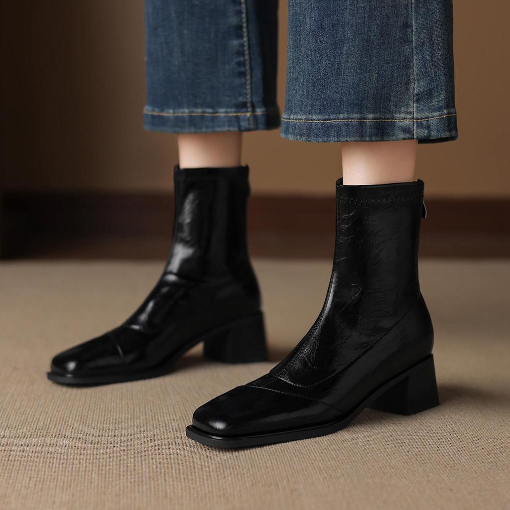 Krazing Pot Microfiber Square Toe Med Heels Elastic Boots Size 43 Slip On Women  Basic Design Ankle Boots